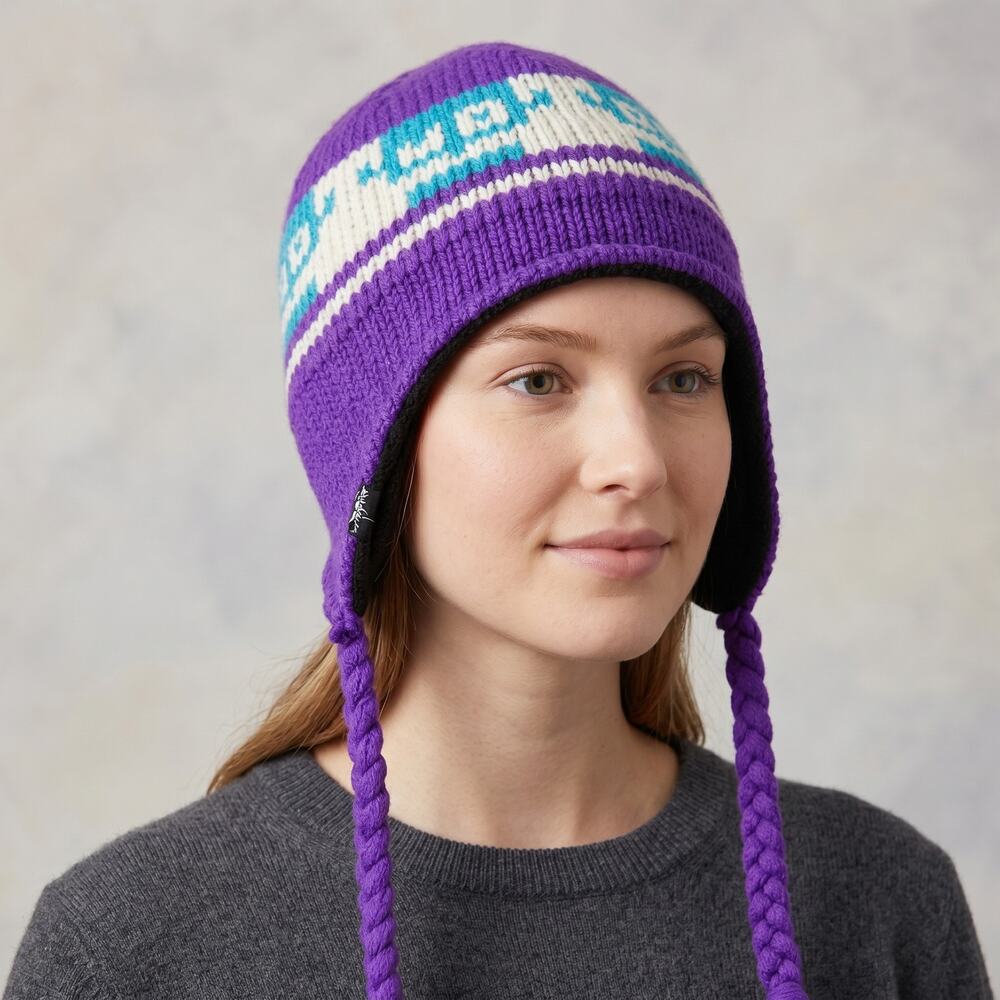Salomon Unisex Beanie Hat Purple Wool Blend Fleece Lined Braids OSFA